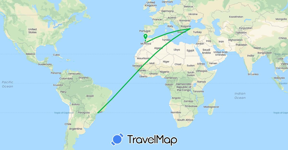 TravelMap itinerary: driving, bus, plane, train in Brazil, Morocco, Turkey (Africa, Asia, South America)